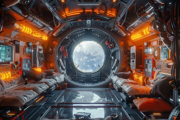 Fototapeta premium Futuristic spacecraft interior with large window showcasing earth and advanced controls.