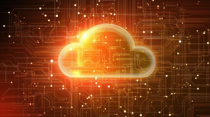 Fototapeta premium Digital cloud icon glowing brightly against an abstract technological background with circuit patterns