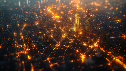 Obraz premium City lights illuminate the skyline during nighttime from an aerial perspective