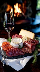 Festive Cheese   Meat Platter with Red Wine by Fireplace