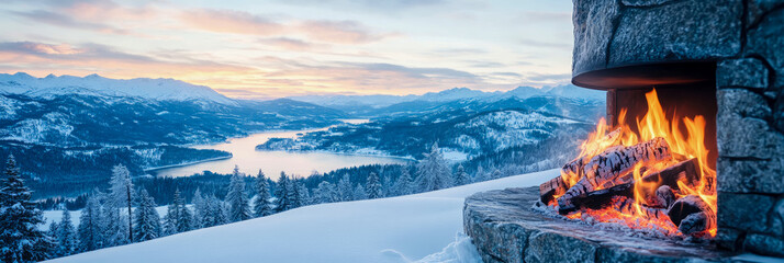 Alpine Sunset: Fireside Vista Over Snowy Mountains and Lake