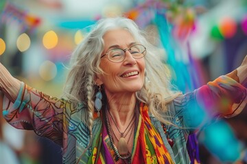 Joyful elderly woman celebrating life with colorful decorations around her.