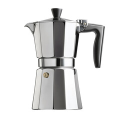 A silver coffee pot with a black handle sits on a white background. Transparent Png. Generative Ai.