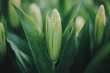 Obraz premium Close-up of opened corn cobs surrounded by lush green leaves, showcasing their fresh and natural appearance