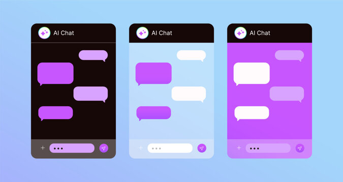 Ai chat windows collection. UI design. Speech bubbles and a text field with icons, vector illustration. Flat cartoon style. 