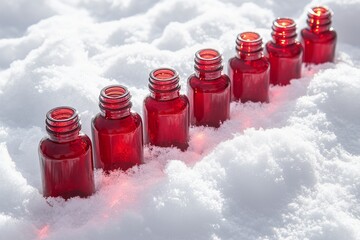 A row of small red glass bottles placed in white snow, creating a striking contrast between the vibrant color and the snowy background