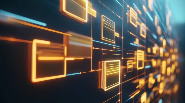 Digital network connections illuminated with vibrant blue and orange lights in a modern technology environment