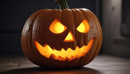 Close up of illuminated Jack O Lantern for Halloween, seasonal, holiday symbol, autumn season