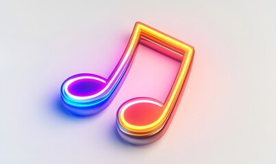 Neon musical notes glow, white background, digital art, music website