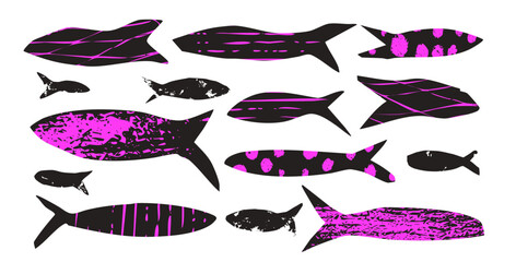 Fish textured set. Sardines school collection. Salmon silhouettes. Undersea animals. Vector hand drawn cutout collage elements illustration isolated on white background.