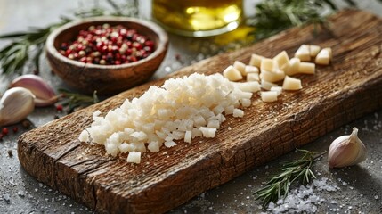 Fototapeta premium Highquality food photography of herbs garlic peppers and oil