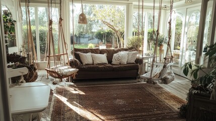 A charming living room setup with a brown sofa, white furniture, and decorative hanging swings, creating a cozy and inviting space.