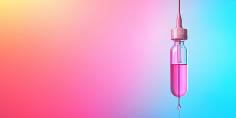 A colorful background features a syringe with a pink liquid, symbolizing themes of health, medicine, and vaccination.