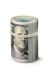 US dollars bundle wrapped with elastic band isolated. Benjamin Franklin blindfolded portrait....
