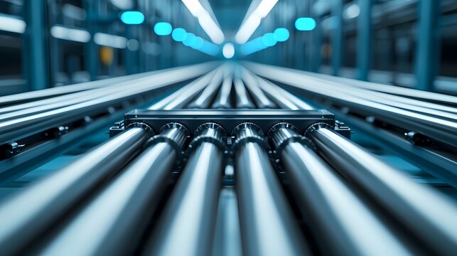 A close-up view of metal pipes arranged in parallel along a conveyor in an industrial setting, illuminated by blue lighting.