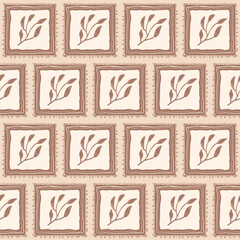 Leaves seamless pattern. floral stencil on vintage frames allover background. Blocks pencil drawn repeat cover. Surface pattern design spring motif. Vector hand drawn monochrome illustration.