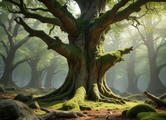 Ancient tree with moss covered trunk and branches, mossy forest floor, nature's beauty, natural world