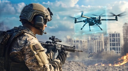 Fototapeta premium Soldier monitors drone activity in a war-torn city during a tactical operation