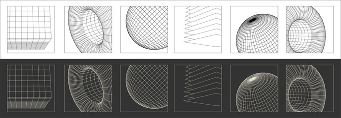 vector Wireframe 3D geometric shapes. graphic asset in a retro futuristic style, featuring wireframe elements in various forms modern shapes, ideal for design templates, isolated on transparent
