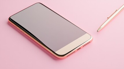 A sleek smartphone and a gold pen on a soft pink gradient background