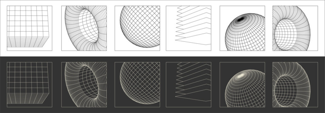 vector Wireframe 3D geometric shapes. graphic asset in a retro futuristic style, featuring wireframe elements in various forms modern shapes, ideal for design templates, isolated on transparent