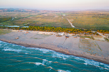 Aerial drone photo of Albanian coastline with sandy beaches