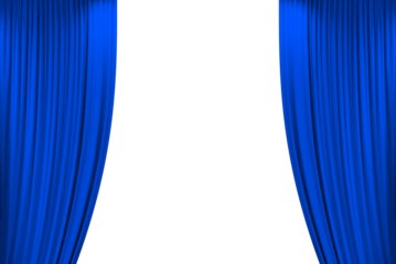 blue open stage curtain, photo, png isolated on transparent background	
