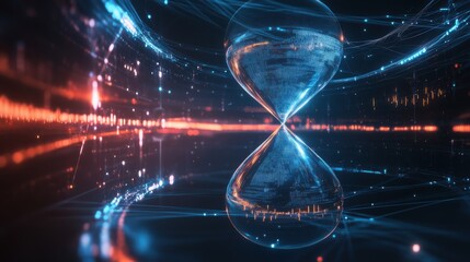 Digital hourglass representing time flow in a futuristic cyber landscape with vibrant light effects