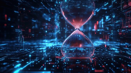 Digital hourglass representing the passage of time in a futuristic environment with glowing elements