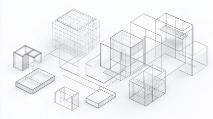 Wireframe architectural design showcasing various building structures in a conceptual layout