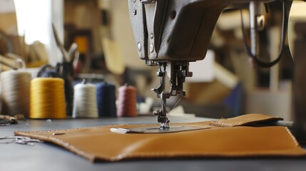 Heavy-duty sewing machine stitching leather workshop close-up industrial environment focused view craftsmanship excellence