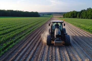 Obraz premium An aerial view of a tractor working on tilled land, capturing the essence of agricultural practices and the impact of machinery on crop preparation and management.