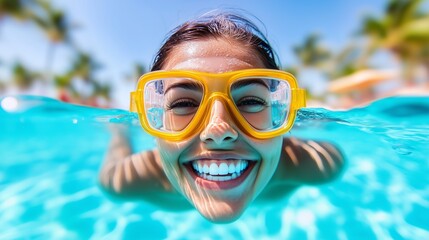 Fototapeta premium A woman wearing yellow diving goggles is smiling and swimming in the pool