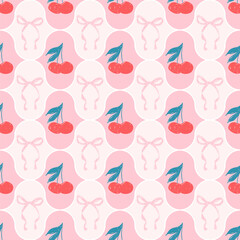 Cherry with bow crayon drawn seamless pattern. Coquette allover background. Damask girly repeat backdrop. Surface pattern design spring ogee motif. Vector hand drawn illustration.
