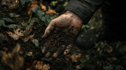 Hand holding soil reveals connection to nature during an outdoor activity in autumn