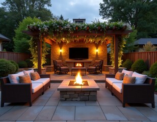 Tranquil Evening Outdoor Patio with Fire Pit Pergola and Stone Wall