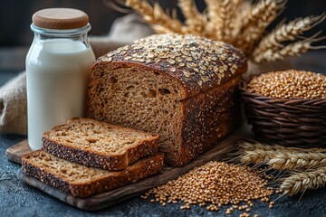 A clear bottle contains a milky white fermented drink made from sprouted cereals, set against a dark background with room for copy. Fresh Rejuvelac