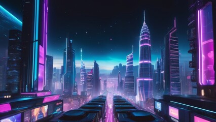 A cyberpunk city street with neon lights and skyscrapers