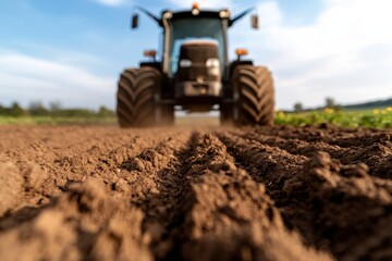 Obraz premium A powerful tractor works the fields, creating fresh furrows in rich soil under a bright blue sky, symbolizing agriculture's crucial role in food production and rural life.