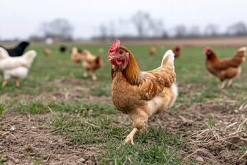 Fototapeta premium Chickens roam freely in lush green pastures, representing farm life, sustainability, and the importance of animal welfare in agricultural practices and natural living.