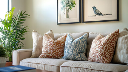 Cozy living room with a beige sofa adorned with textured and patterned pillows. A framed art piece depicting a bird and a woman hangs on the wall. A potted plant and book add to the serene atmosphere.