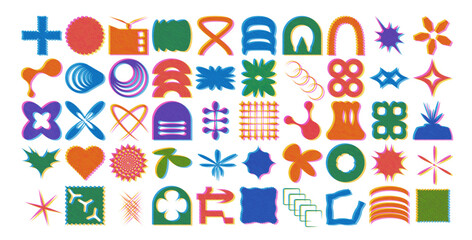 Geometric riso print shapes set. Brutalist figures pack. Retro y2k forms. Simple graphic distortion stickers. Primitive grainy icons. Vector flat refraction wiggly heart, circle and square elements.