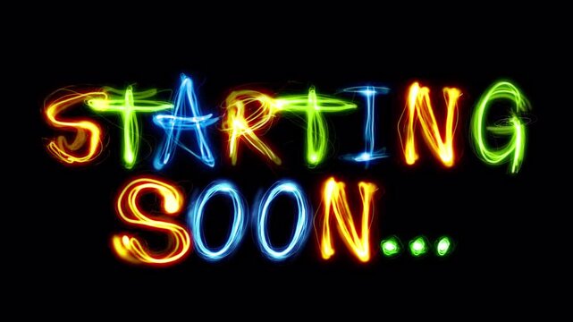 Starting soon stream banner on a transparent alpha channel.  Neon scribble glowing words, hand drawn doodle style.