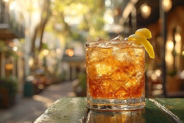 Obraz premium A cocktail sits on an outdoor table at a Charleston restaurant