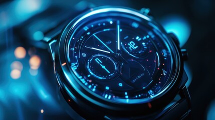 Fototapeta premium Close-up of a futuristic smartwatch with a glowing blue digital interface on a blurred background