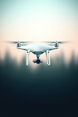 A sleek white drone hovers in mid-air, showcasing its camera and modern design against a muted background.