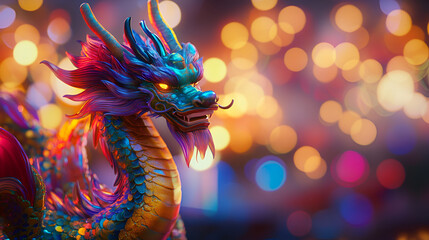 a vibrant and colorful indoor art installation featuring a large, illuminated dragon sculpture , The dragon is intricately designed with scales in shades of blue, purple, and gold