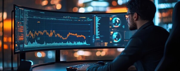 Professional Esports Player Reviewing Gameplay Footage on Curved Ultra Wide Monitor with Data Overlays