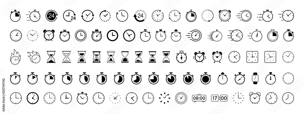 Wall mural time and clock line icon set. included clock, stopwatch, timer vector icon collection. editable stro