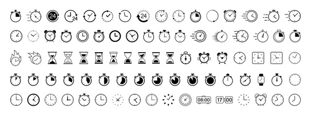 Time and Clock line icon set. Included Clock, Stopwatch, Timer vector icon collection. Editable Stroke.